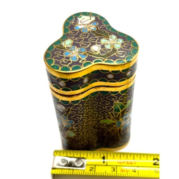 VTG Asian Cloisonné Enamel Trefoil Shape Curiosity Piece with Lid Floral Design - Picture 10 of 10